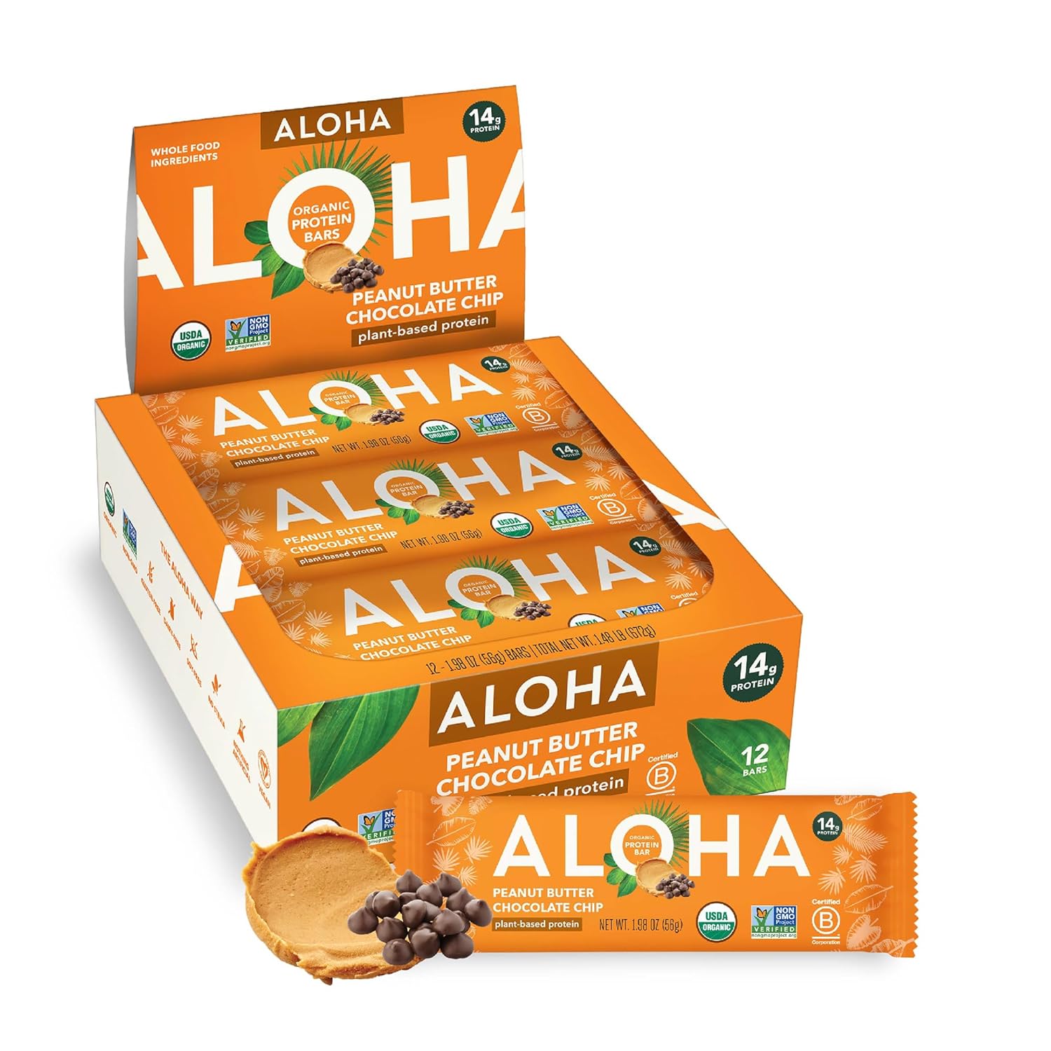 ALOHA Organic Plant Based Protein Bars |Peanut Butter Chocolate Chip | 1.98 Oz (Pack Of 12) | Vegan, Low Sugar, Gluten Free, Paleo, Low Carb, Non GMO, Stevia Free, Soy Free, No Sugar Alcohols